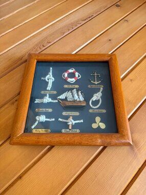Ship Nautical Knots Blue Base & Oak Wood Cased Shadow Box 10”x 10”